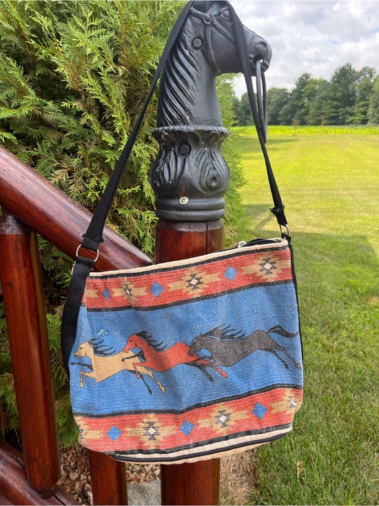 Handbags - Running Horses Southwest Canvas Crossbody Bag in Blue and Tan